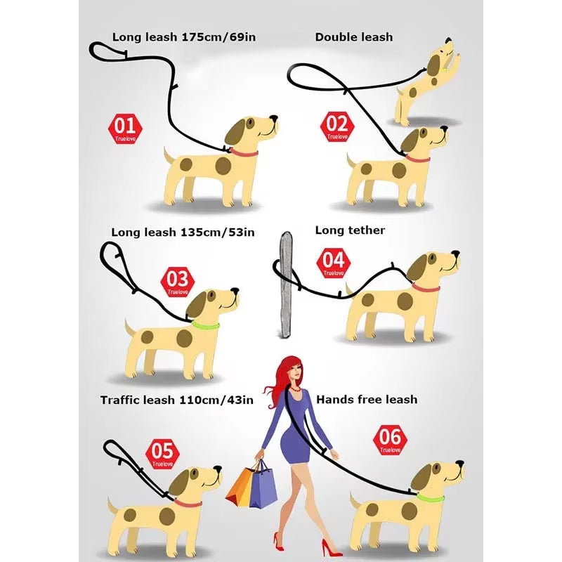 7 in 1 Multi-Function Adjustable Dog Lead Hand Free Pet Training Leash Reflective Multi-Purpose Dog Leash Walk 2 Dogs